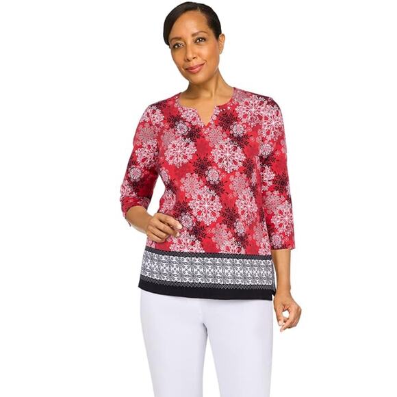 NWOT ALFRED DUNNER Top 1X Snowflake Studded Silver Red White Black Cotton - Picture 1 of 11